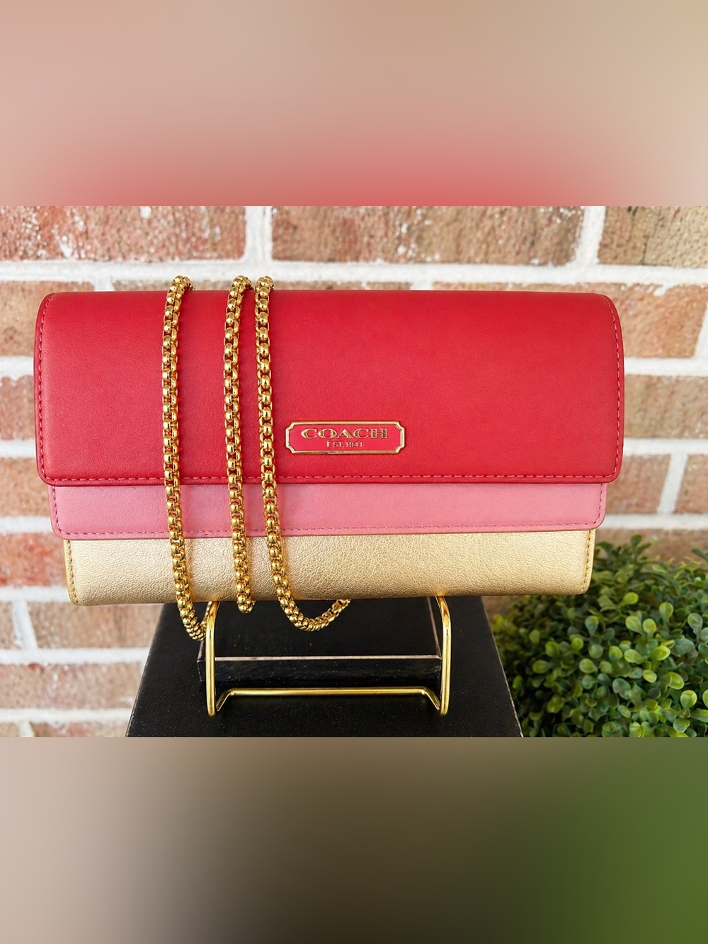 Coach Colorblock Chain Wallet - Red, Pink & Gold